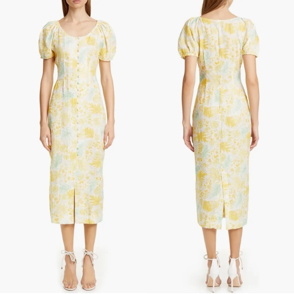 Cult Gaia Print Linen Midi Pencil Dress